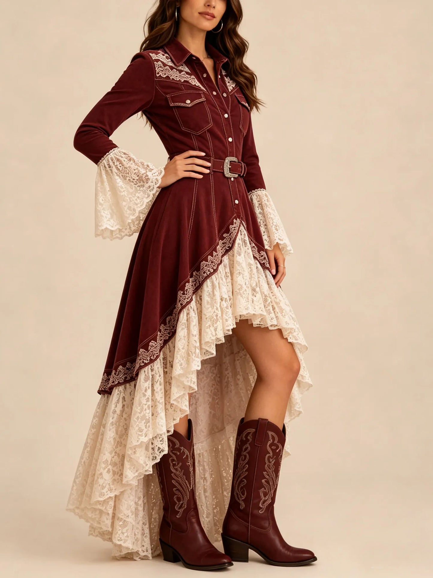Western Dress — Asymmetrical Layered Ruffled Bell Sleeves Lace Fabric Maxi Dress