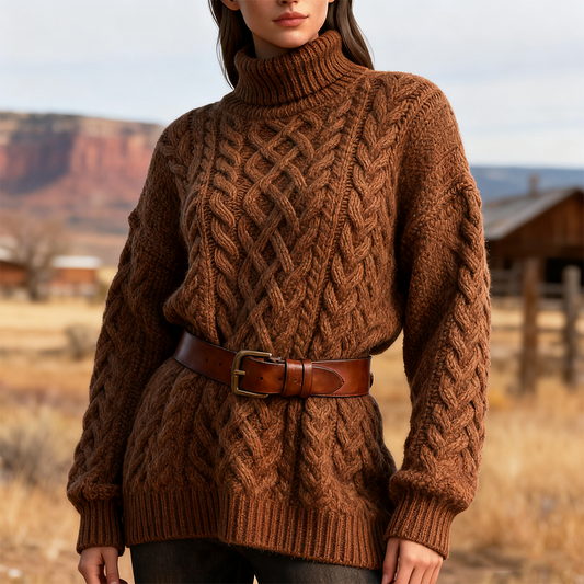 Women's Vintage Cozy Brown Cable Knit Sweater With Leather Belt