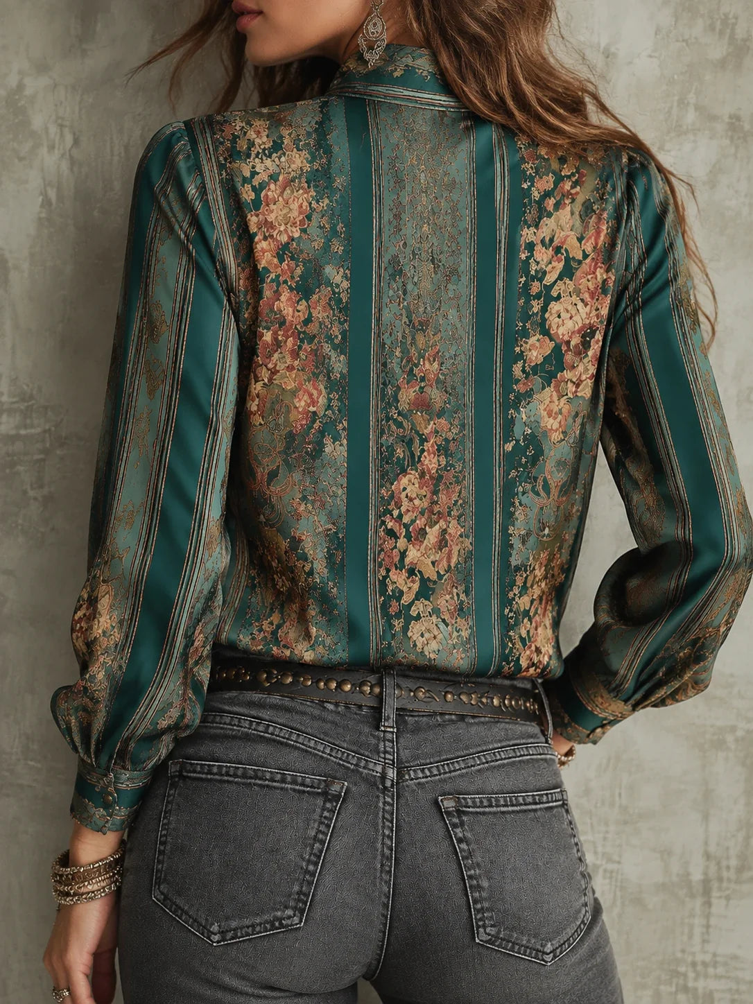 Vintage Luxury Floral Print Satin Blouse With A Tie-neck Detail