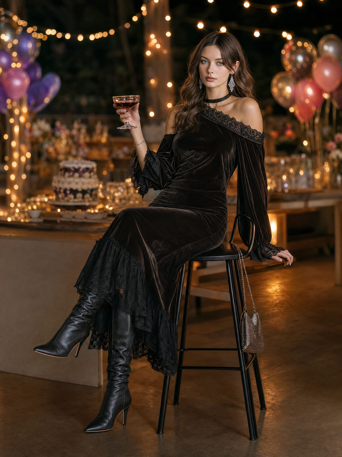 Women's Off Shoulder Velvet Lace Trim Black Dress