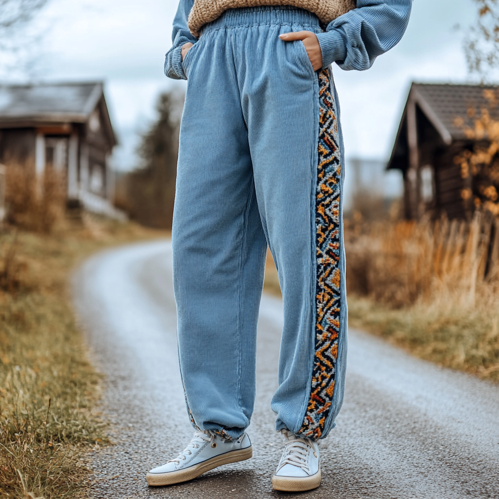 Women's Loose Corduroy Casual Trousers, Simple Ethnic Style Comfortable Elastic Waist Small Leg Trousers