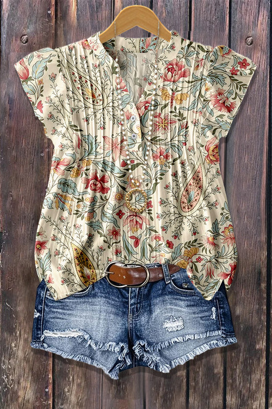 Paisley Floral Print Flutter Sleeve Ribbed Top