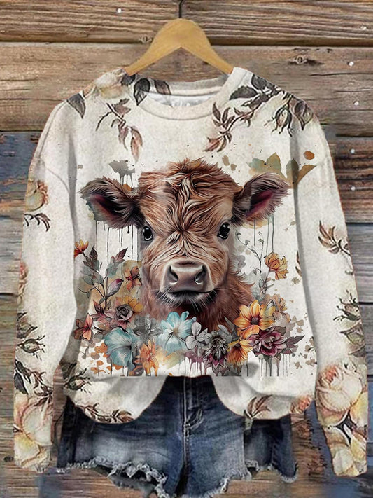 Rosyla Cow Print Crew Neck Long Sleeve Sweatshirt