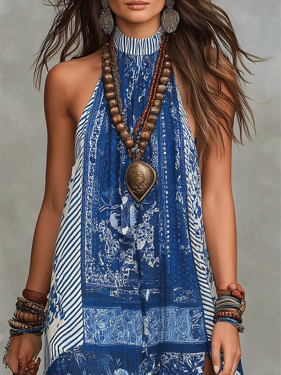 Women's Retro Ethnic Floral Pattern Art Print Casual Fashion Maxi Dress