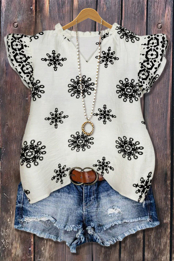 Chic Print V-Neck Ruffle Sleeve Top