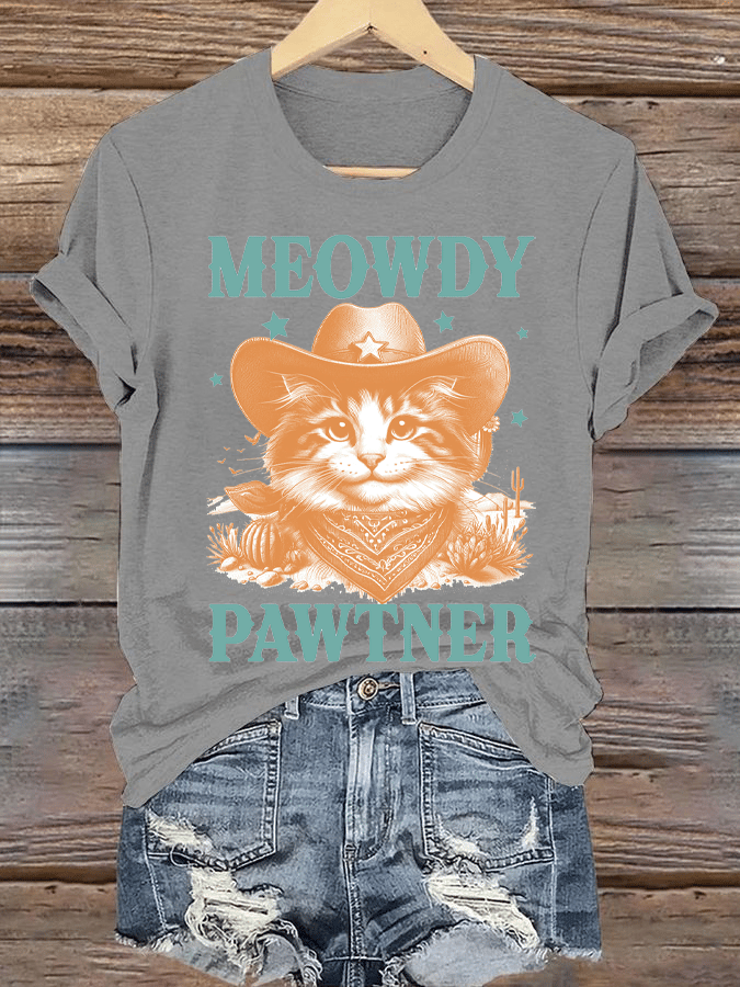 Women's Western Style Retro Cowboy Cat Printed Round Neck Short Sleeve T-Shirt