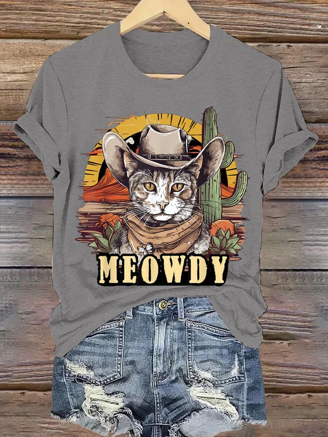 Women's Western Style Retro Cowboy Cat Printed Round Neck Short Sleeve T-Shirt