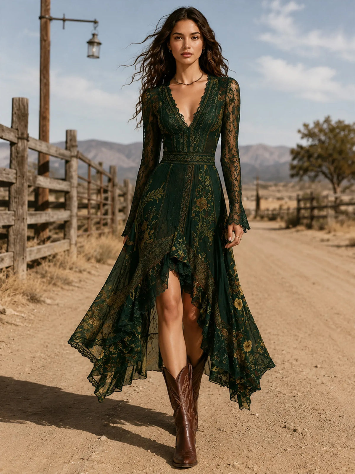 A sophisticated autumn Western Bohemian style choice — 2026 Forest Green Deep V-neck Lace Floral Pattern Maxi Dresses