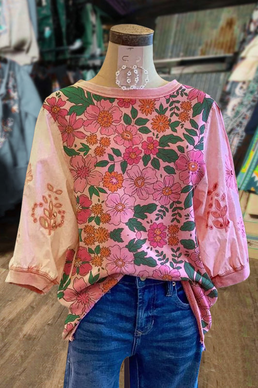 Casual Floral Print Lantern Sleeve Top