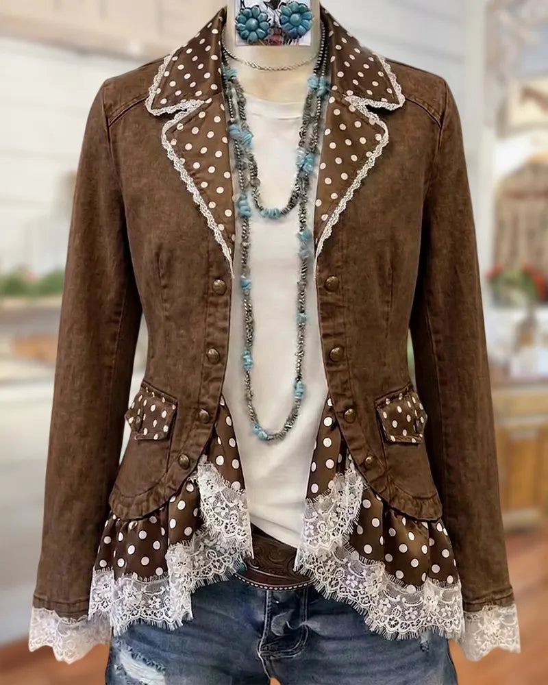 Lapel Lace Trim Polka Dot Ruffled Hem Casual Jacket