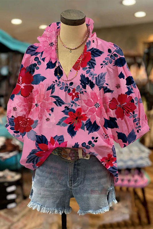 Fashionable Watercolor Floral Ruffled V-Neck Shirt