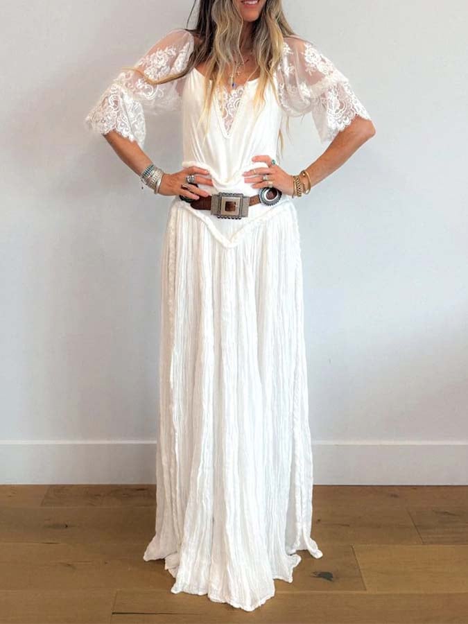 Women'S Casual Vacation Dress With Lace Splicing And High Slit