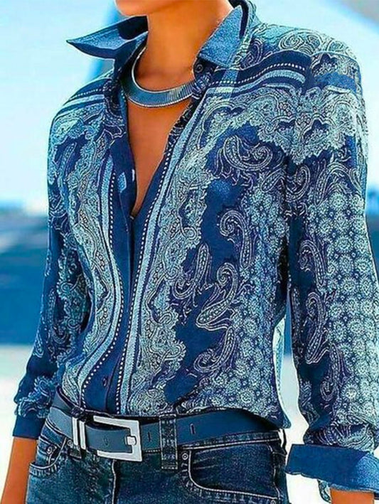 Vintage Print Lapel Collar Long Sleeve Shirt