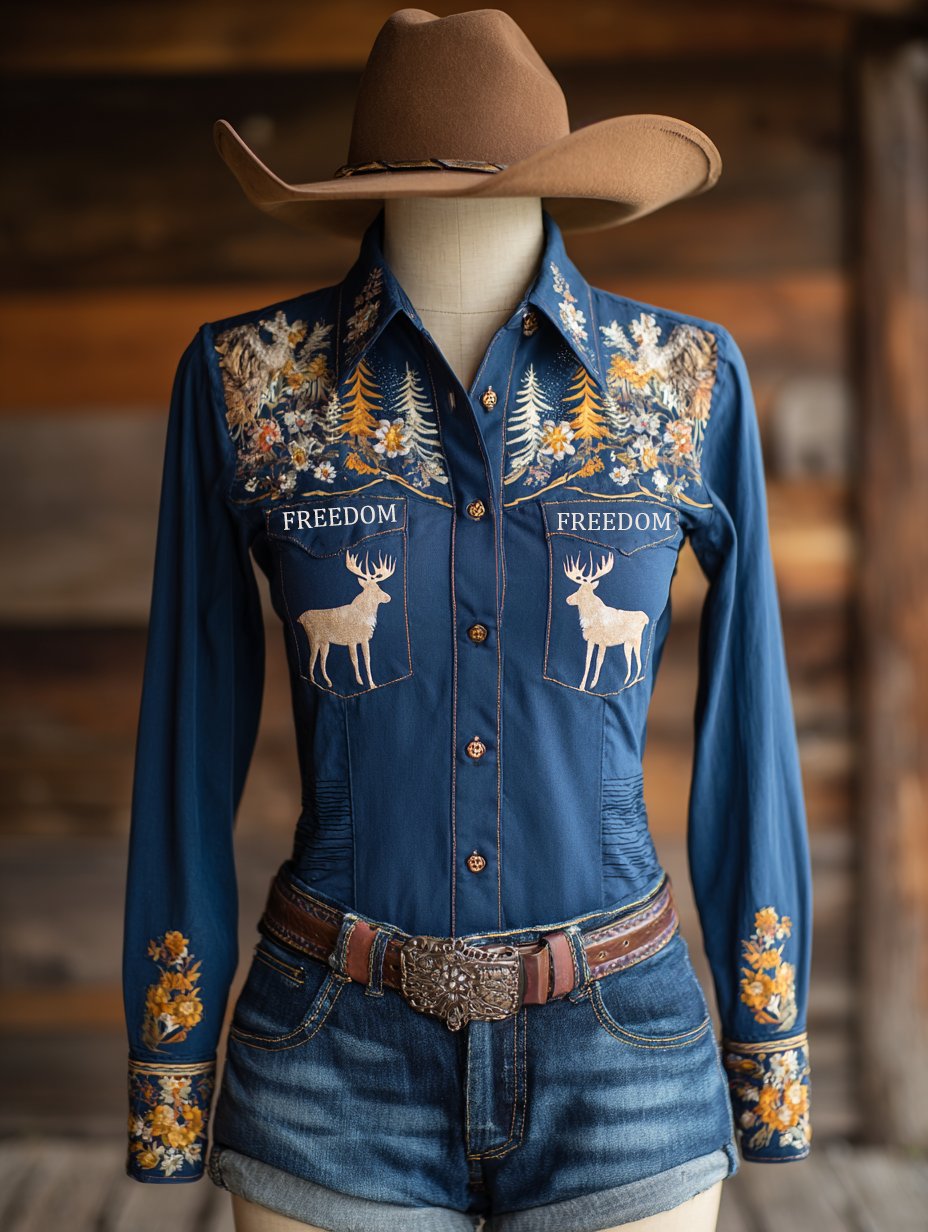 Women's Vintage Christmas Floral FREEDOM Western Double Pocket Shirt