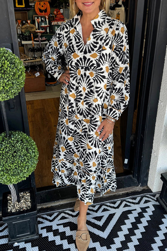 Black Abstract Floral Print Split V Neck Long Dress with Sleeves