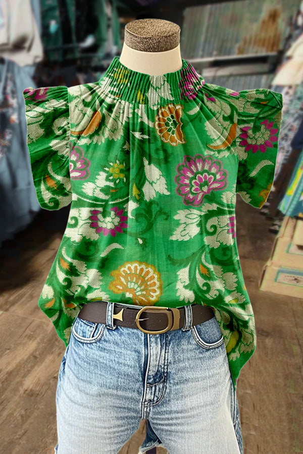 Floral Print Mock Neck Ruffle Sleeve Top