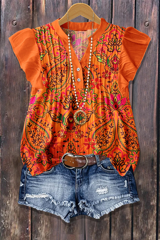 Colorful Paisley Print Flutter Sleeve Ribbed Top