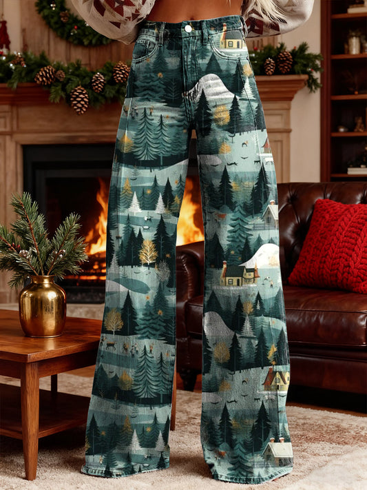 Women's Christmas Scenery Art Print Wide Leg Pants