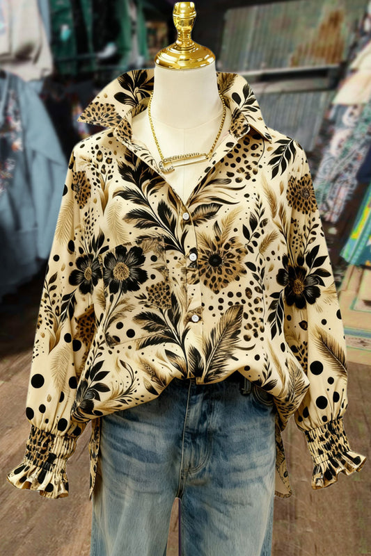 Retro Floral Print Smocked Long Sleeve Blouse