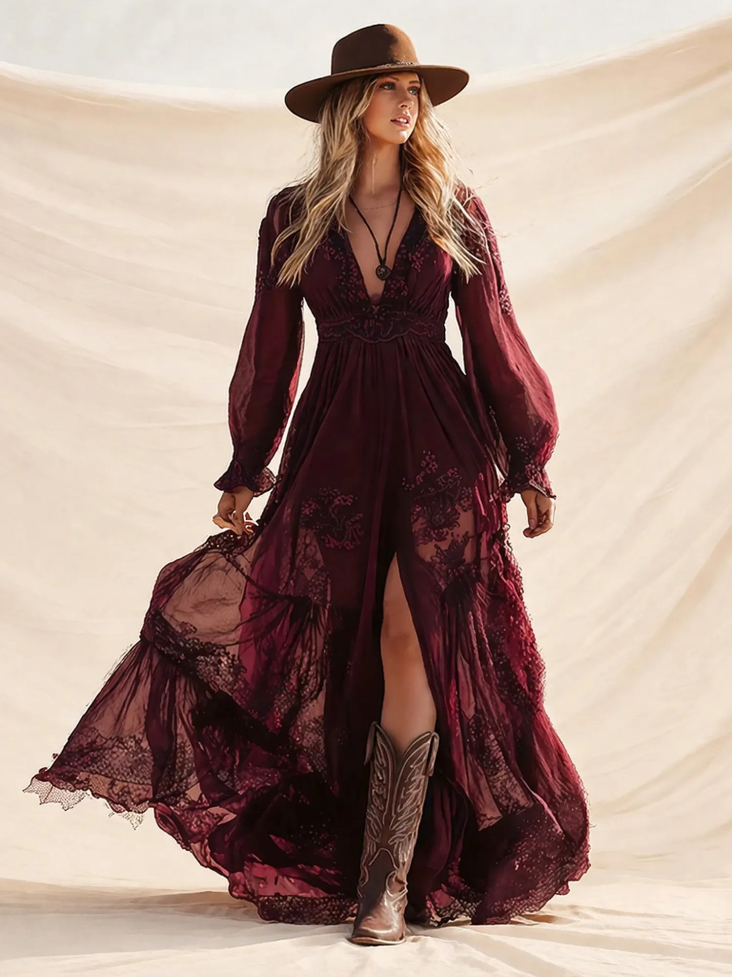 Ideal For Western Wedding Or Road Trip — Burgundy Embroidered Lace V-Neck Chiffon Boho Long Sleeve Maxi Dress