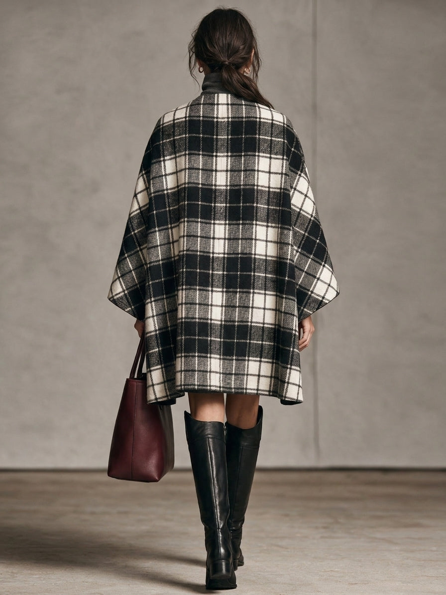Women's Vintage Plaid Wool-Blend Collarless Cape-Style Coat