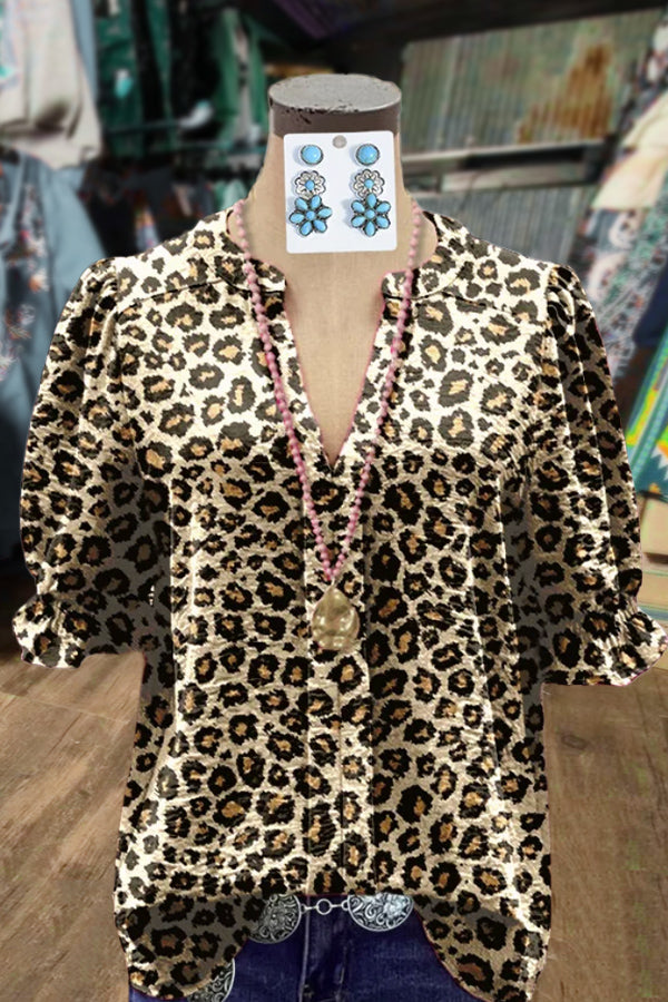 Leopard Print V-Neck Puff Sleeve Top