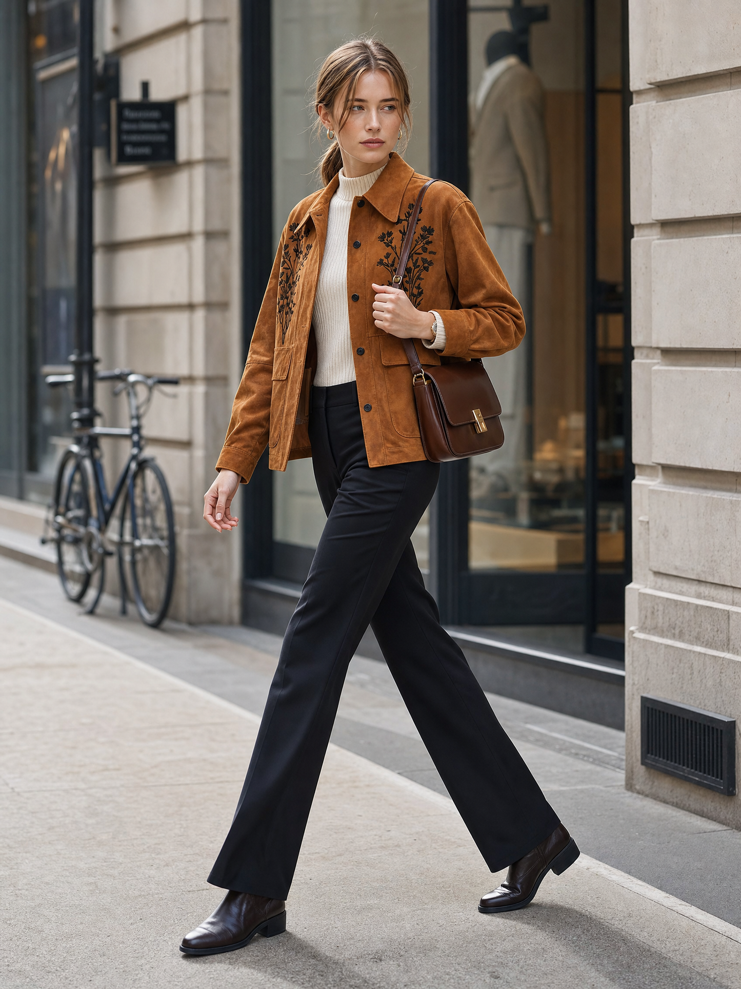 Women's Floral Embroidered Button Front Brown Jacket