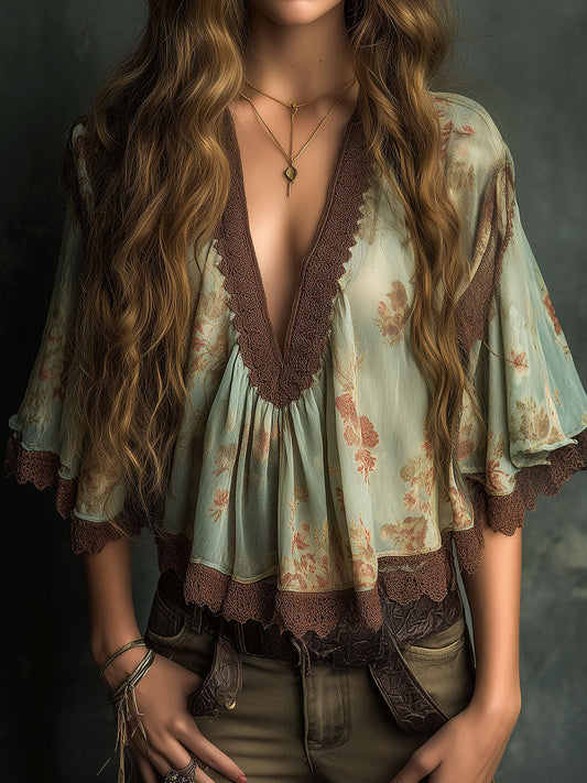 Vintage V-Neck Floral Chiffon Lace Trim Blouse With Bell Sleeves