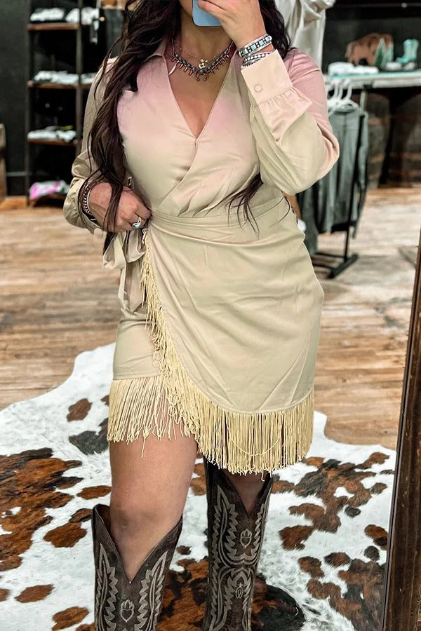 Beautiful Fringed Hem Satin Wrap Dress