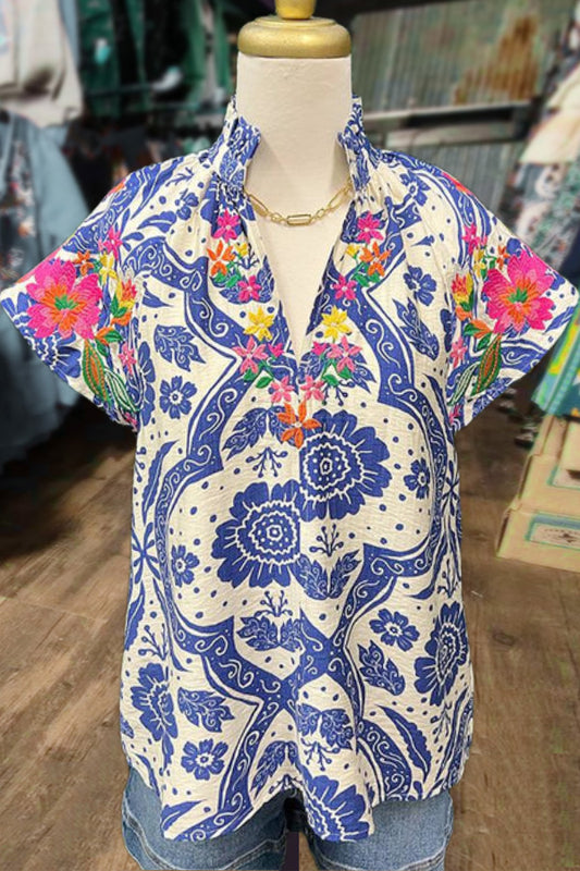 Vintage Print Ruffle Neck Embroidered Top