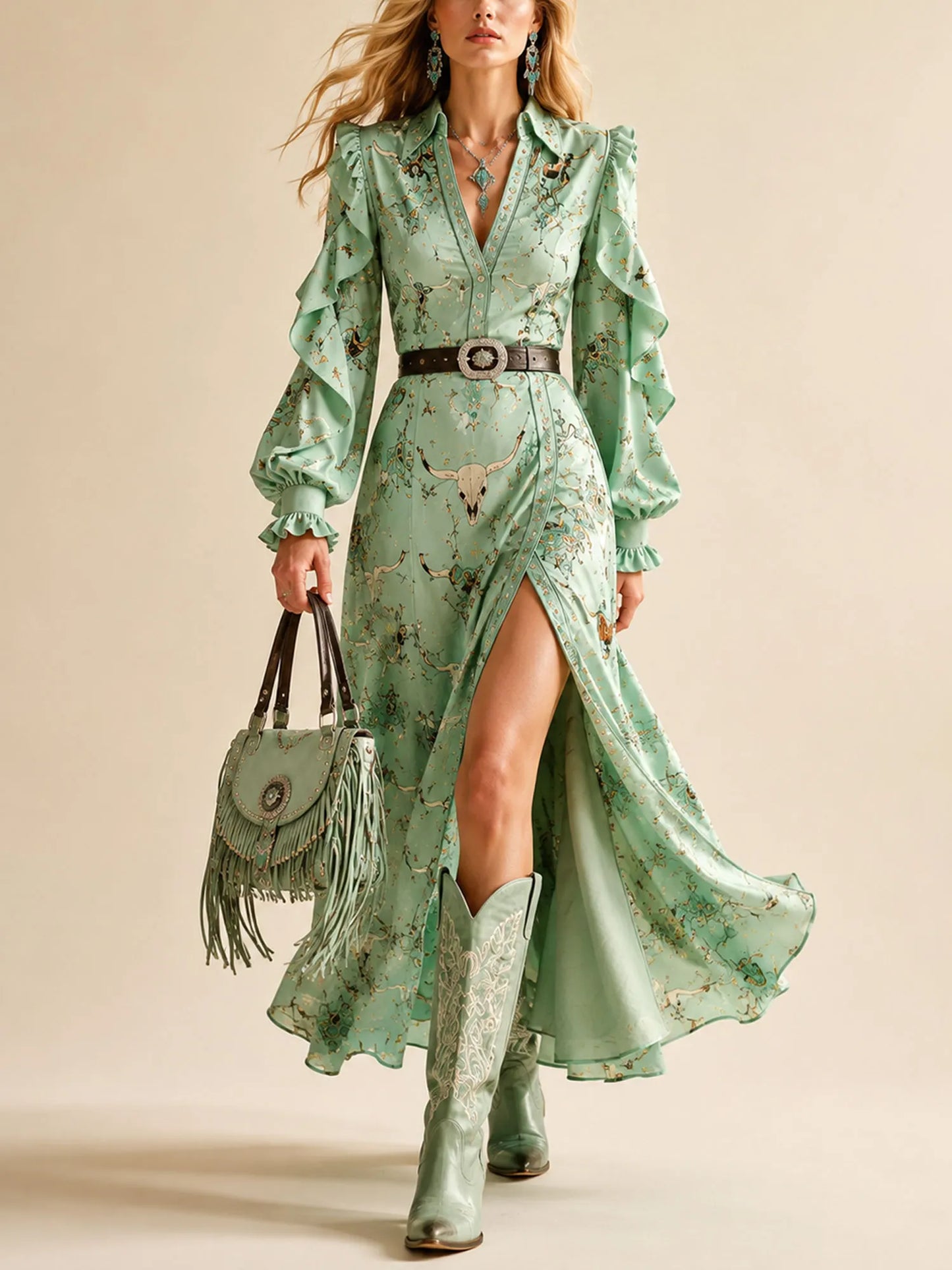 Mint Green Vintage Western Print Ruffle Long Sleeve Slit Maxi Dress