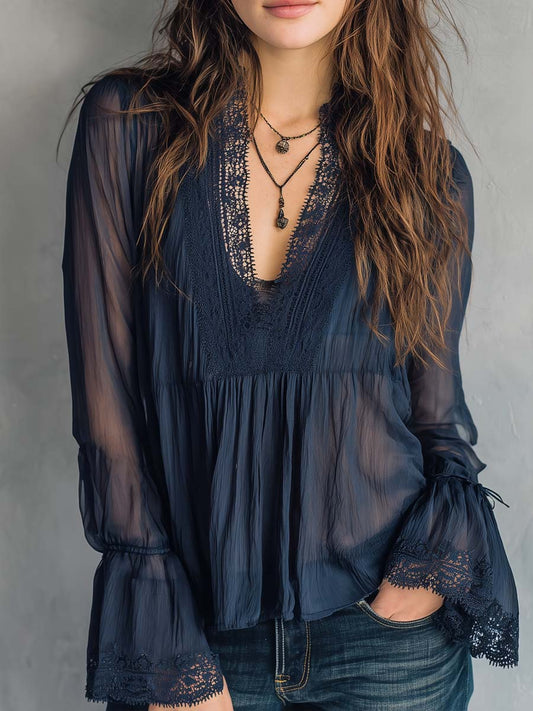 Vintage Lace Trim Sheer Chiffon Blouse