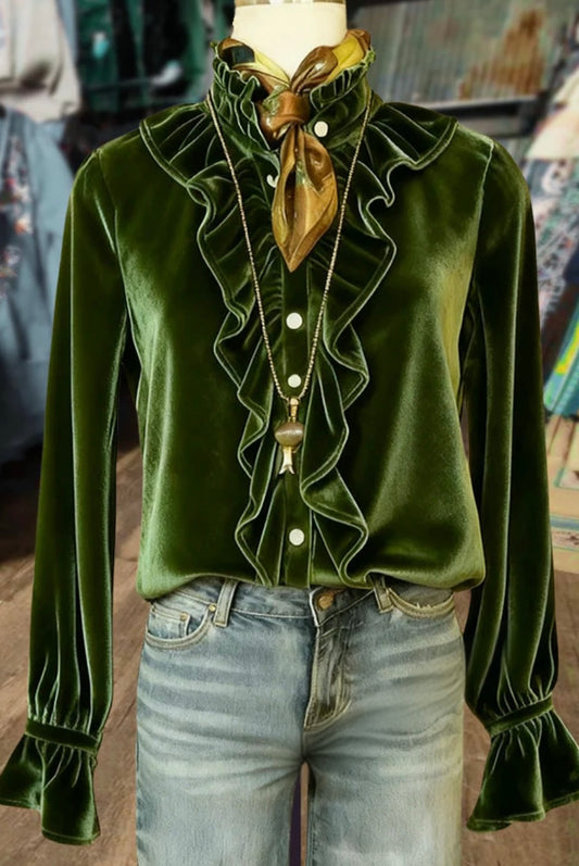 Elegant Ruffle Neck Long Sleeve Sleeve Velvet Top