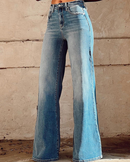 Washed blue high waist casual wide leg pants