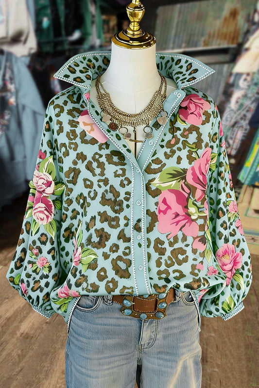 Leopard Floral Print Balloon Sleeve Top