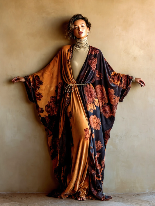 Women's Velvet Vintage Printed Cardigan Gown