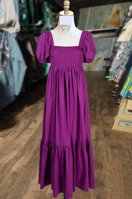 Solid Smocked Bodice Puff Sleeve Maxi Dress