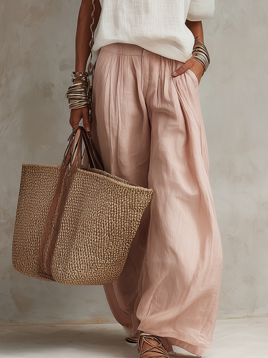 Pale Pink Sand Linen One Shoulder Top And Trousers Set