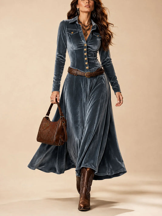 Blue-Grey Vintage Cinched, Velvet Texture, Slim Fit Maxi Dress(No Belt)