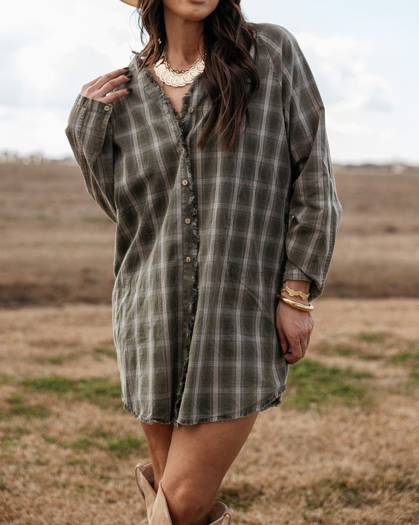 Vintage Plaid Print Button-Up Shirt Dress