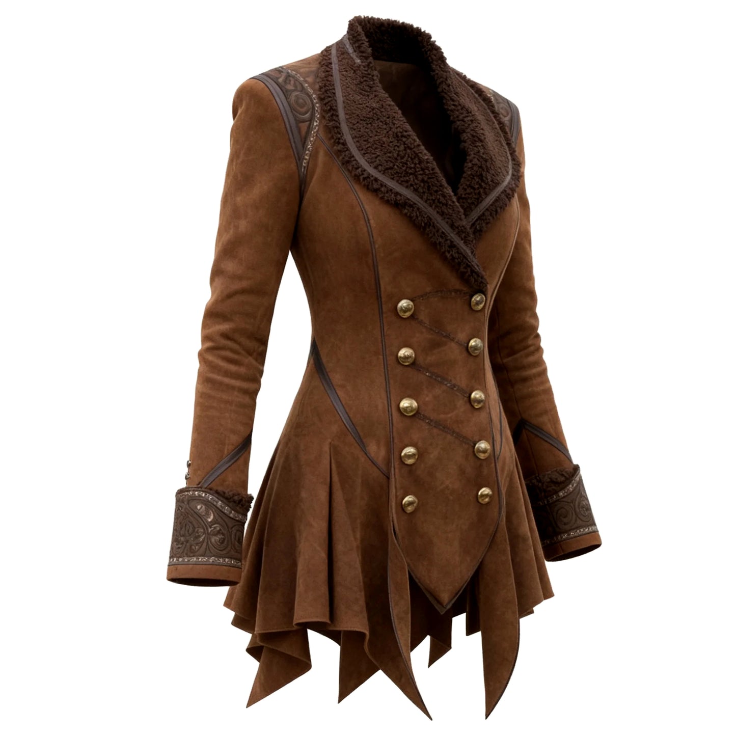 Women's Western Retro Riding Stand Collar Jacket Lambswool Lapel Mid-Length Jacket Irregular Hem Design Coat