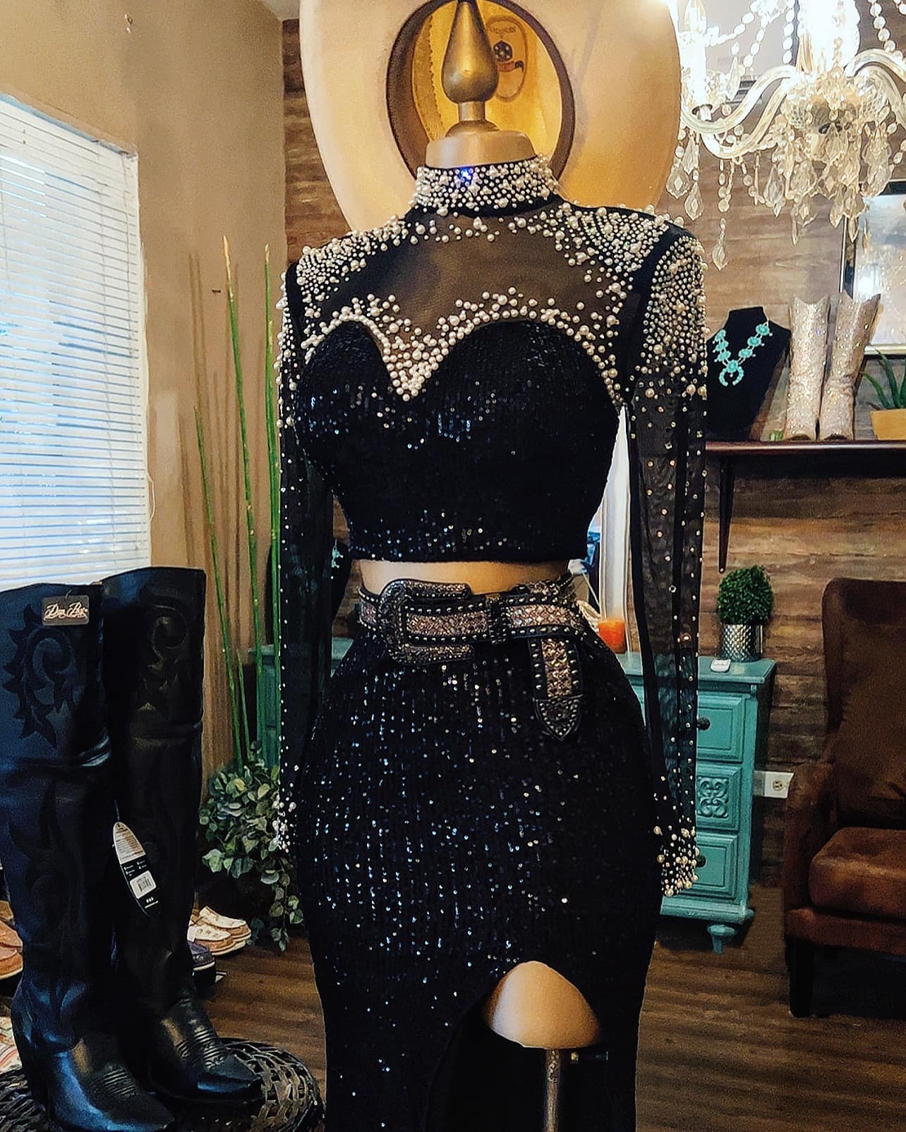 Round Neck Mesh Sequined Long Sleeve Dress Two Piece Set