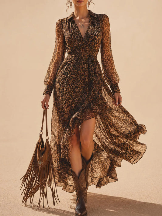 Perfect for Country Music Festivals — Caramel Cheetah Pattern Ruffle Trim Asymmetric Hem Breathable Georgette Women Wrap Maxi Dress