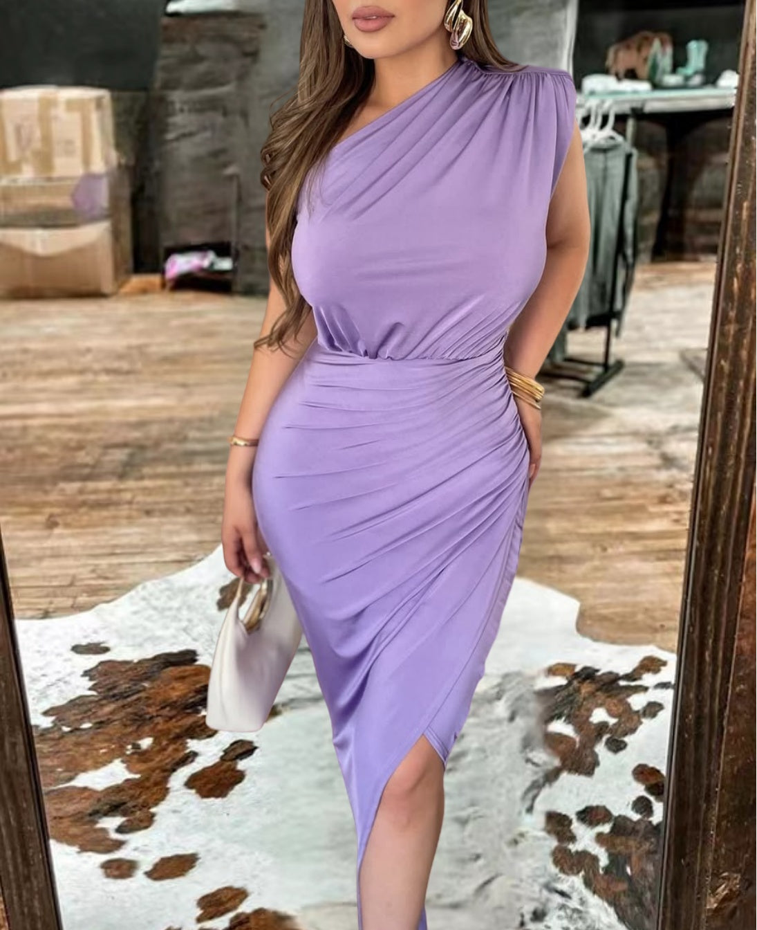 Western One-Shoulder Ruched Split Midi Dress