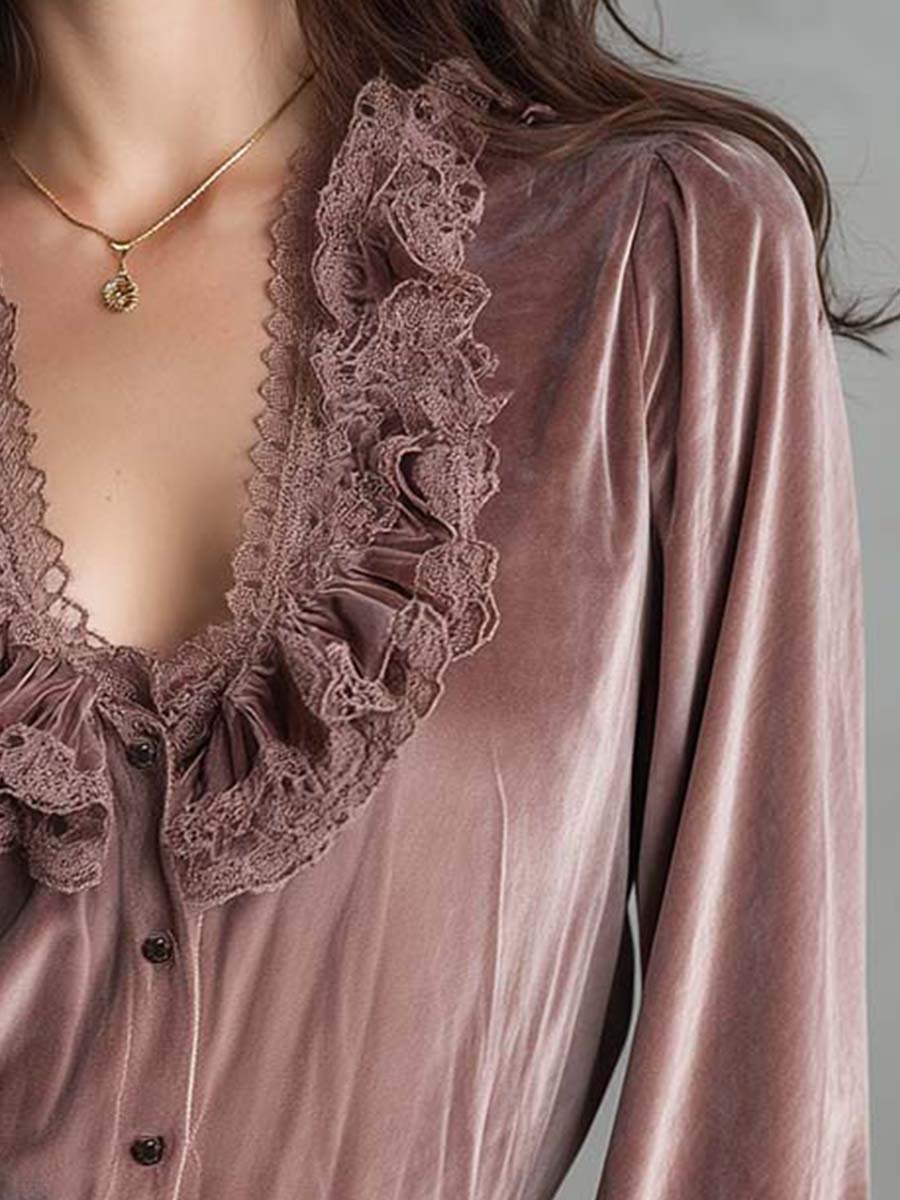 Dusty Rose Velvet Ruffle Blouse With Lace Trim
