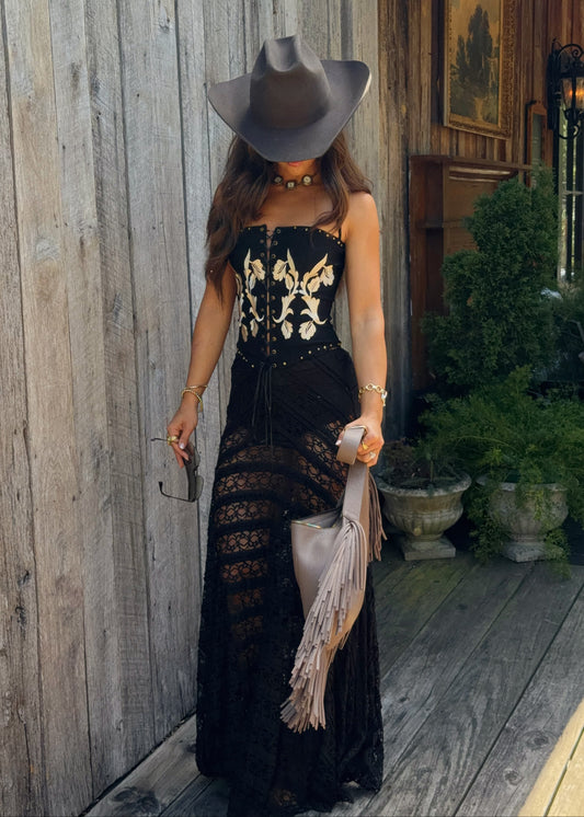 Black Embroidered Corset Top & Lace Maxi Skirt Set