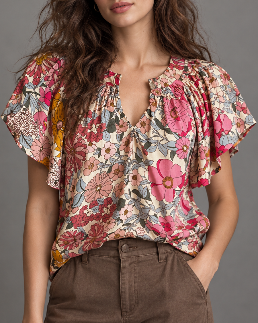 Floral Print V-Neck Flutter Sleeve Top