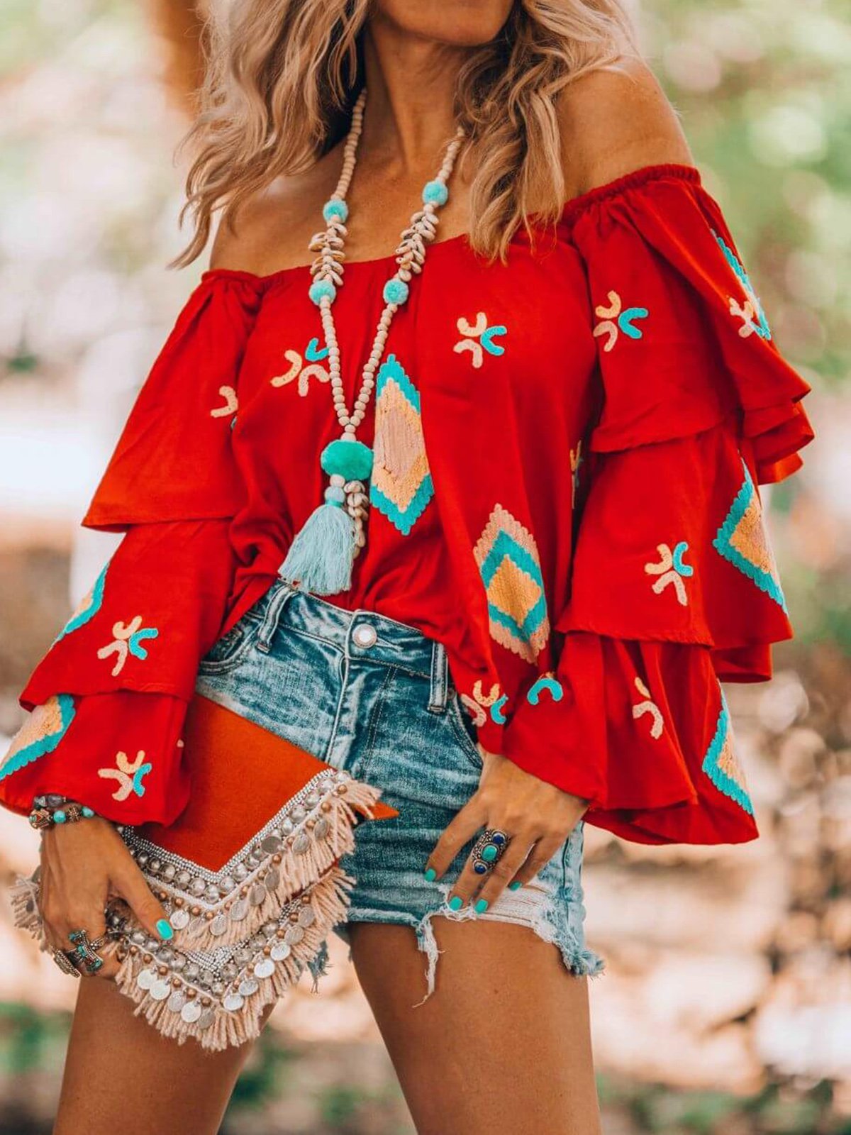 Off-the-shoulder red floral print long-sleeved shirt and top