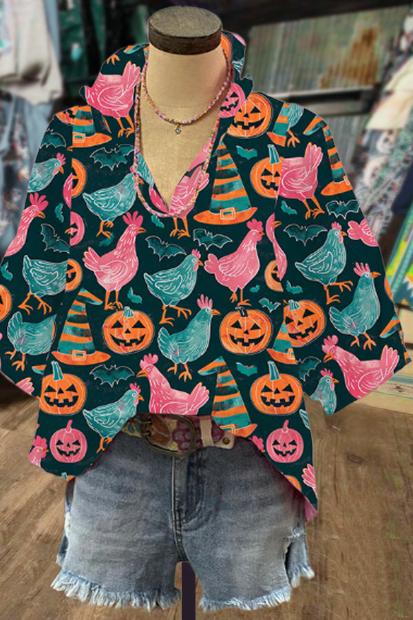 Mixed Halloween Print V-Neck Top