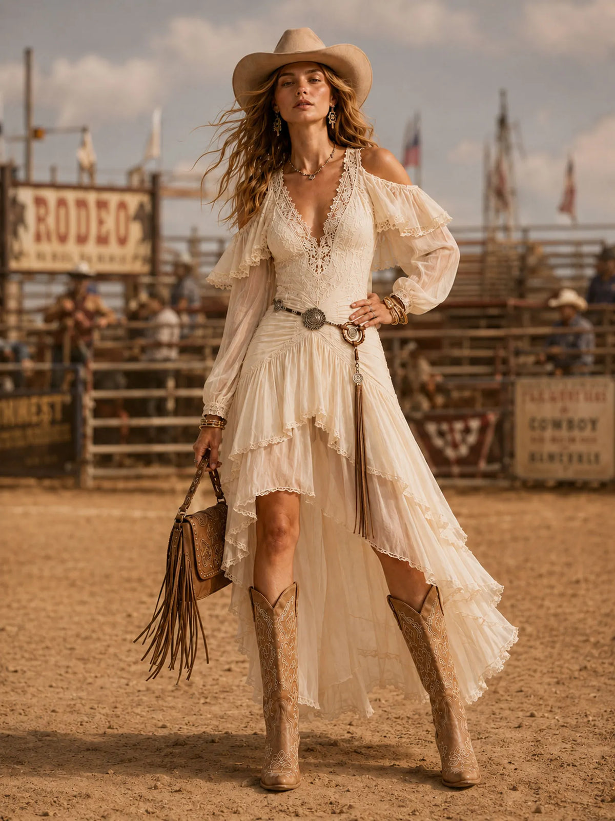 Perfect For A Rodeo Horse Riding Event — 2026 Spring/Autumn Women Cold-Shoulder Apricot Ruffle Lace High-Low Maxi Dress (No Belt)
